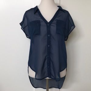 Lush Blue Sheer High-Low Button Up Blouse